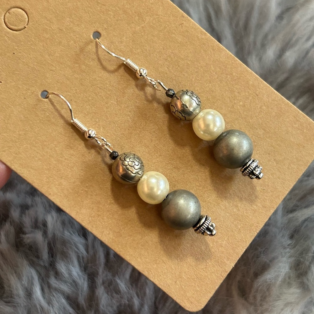 Handcrafted etched silver rose bead dangle earrings